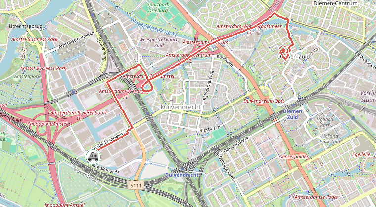 Kaart van de omgeving van de melding, met de kazerne die is gealarmeerd