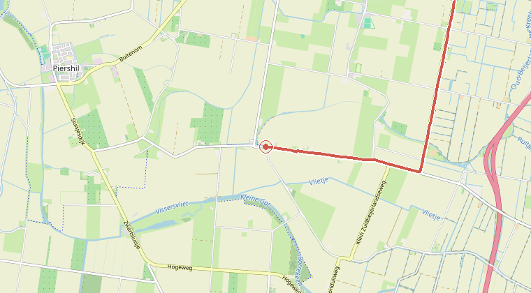 Kaart van de omgeving van de melding, met de kazerne die is gealarmeerd