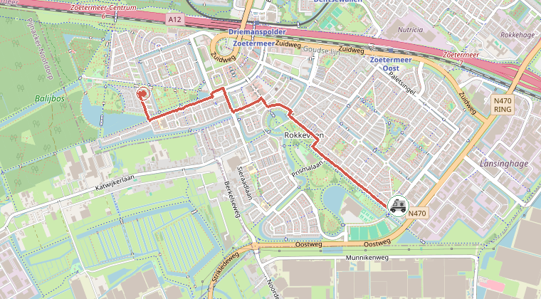 Kaart van de omgeving van de melding, met de kazerne die is gealarmeerd