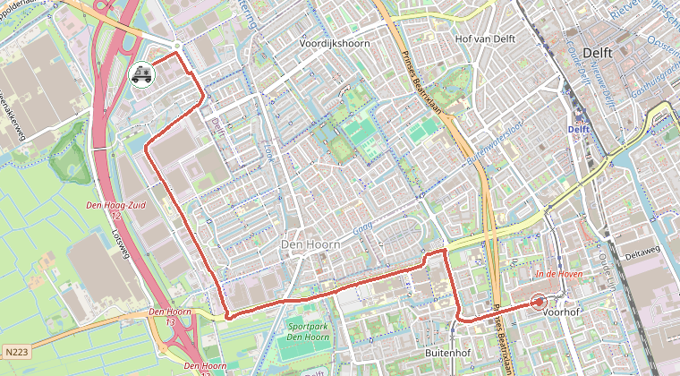 Kaart van de omgeving van de melding, met de kazerne die is gealarmeerd