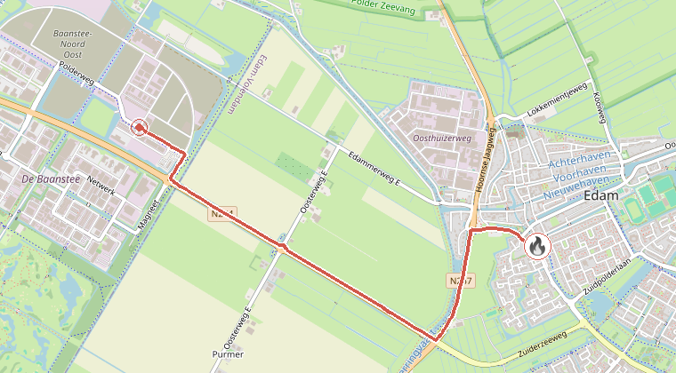 Kaart van de omgeving van de melding, met de kazerne die is gealarmeerd