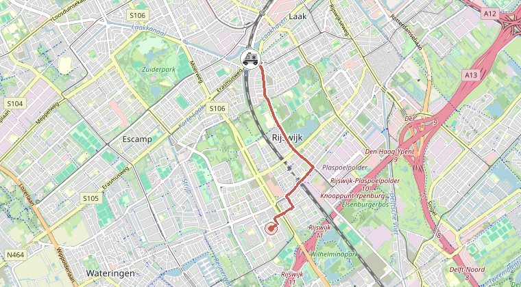 Kaart van de omgeving van de melding, met de kazerne die is gealarmeerd