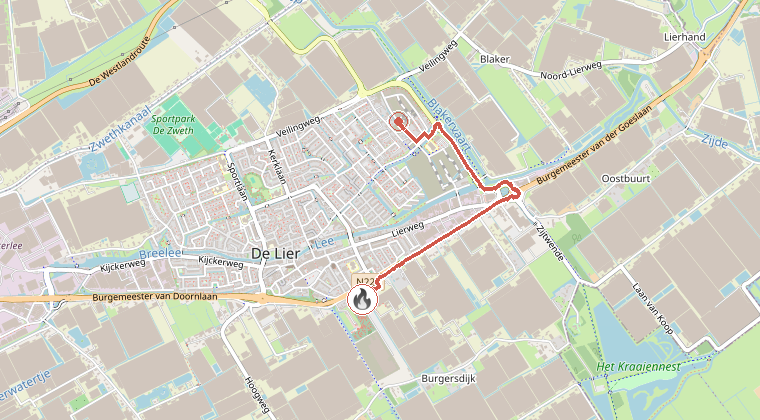 Kaart van de omgeving van de melding, met de kazerne die is gealarmeerd