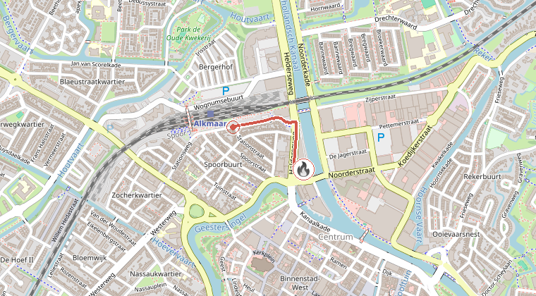 Kaart van de omgeving van de melding, met de kazerne die is gealarmeerd