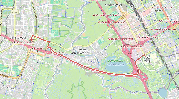 Kaart van de omgeving van de melding, met de kazerne die is gealarmeerd
