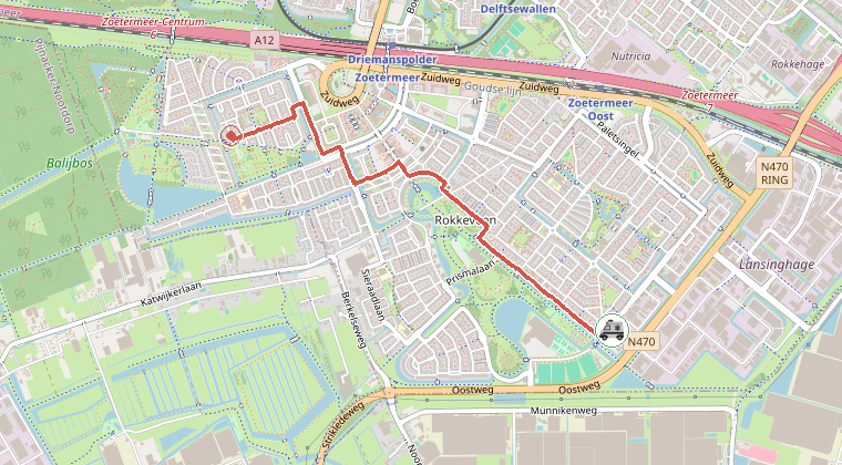 Kaart van de omgeving van de melding, met de kazerne die is gealarmeerd