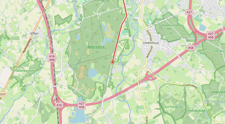 Kaart van de omgeving van de melding, met de kazerne die is gealarmeerd