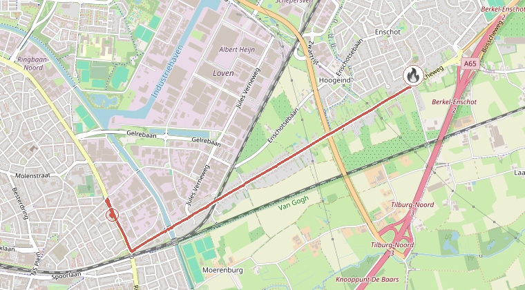 Kaart van de omgeving van de melding, met de kazerne die is gealarmeerd