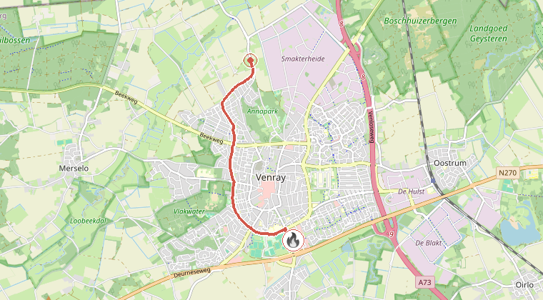 Kaart van de omgeving van de melding, met de kazerne die is gealarmeerd