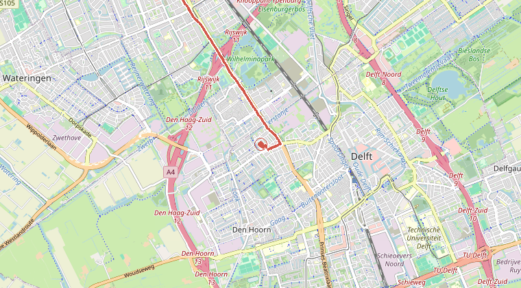 Kaart van de omgeving van de melding, met de kazerne die is gealarmeerd
