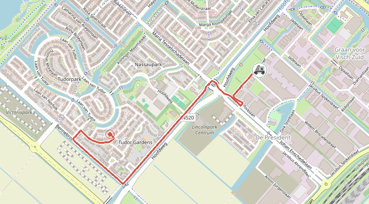 Kaart van de omgeving van de melding, met de kazerne die is gealarmeerd