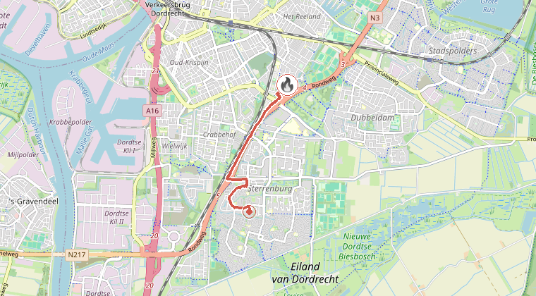 Kaart van de omgeving van de melding, met de kazerne die is gealarmeerd