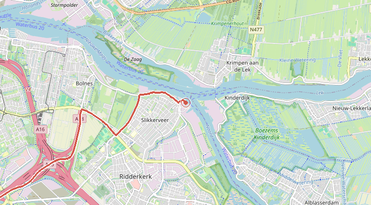 Kaart van de omgeving van de melding, met de kazerne die is gealarmeerd