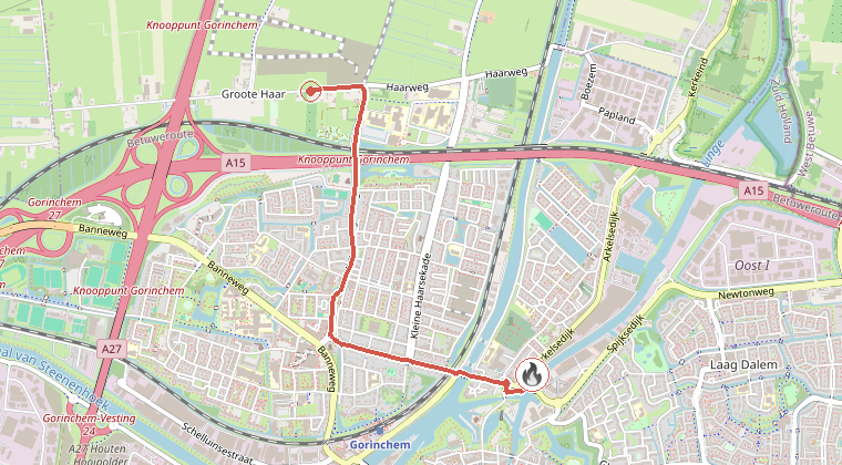 Kaart van de omgeving van de melding, met de kazerne die is gealarmeerd
