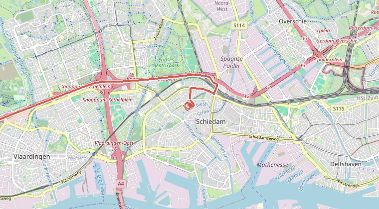 Kaart van de omgeving van de melding, met de kazerne die is gealarmeerd