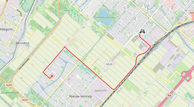 Kaart van de omgeving van de melding, met de kazerne die is gealarmeerd