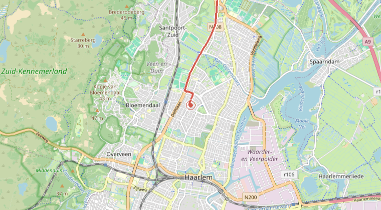 Kaart van de omgeving van de melding, met de kazerne die is gealarmeerd