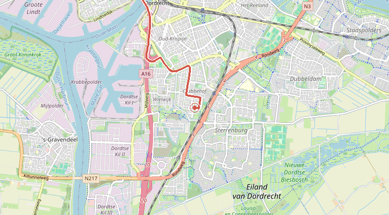 Kaart van de omgeving van de melding, met de kazerne die is gealarmeerd