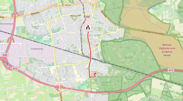 Kaart van de omgeving van de melding, met de kazerne die is gealarmeerd