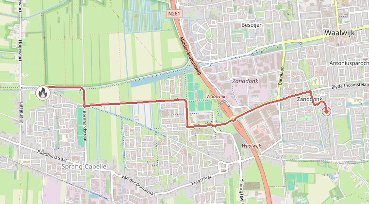 Kaart van de omgeving van de melding, met de kazerne die is gealarmeerd