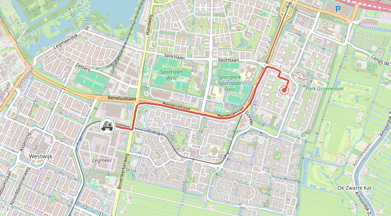 Kaart van de omgeving van de melding, met de kazerne die is gealarmeerd