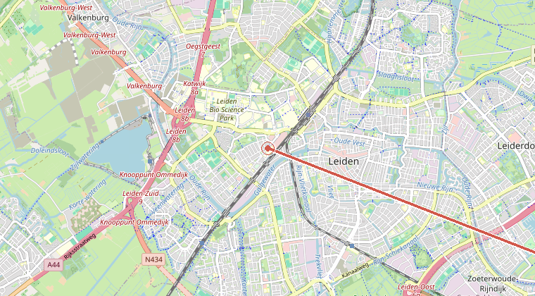 Kaart van de omgeving van de melding, met de kazerne die is gealarmeerd
