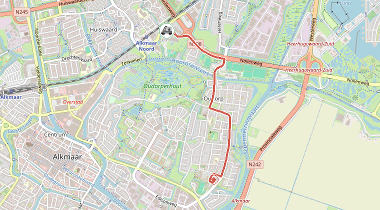 Kaart van de omgeving van de melding, met de kazerne die is gealarmeerd