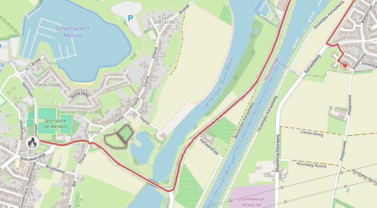 Kaart van de omgeving van de melding, met de kazerne die is gealarmeerd