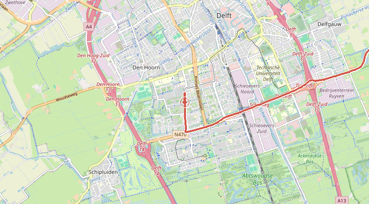 Kaart van de omgeving van de melding, met de kazerne die is gealarmeerd
