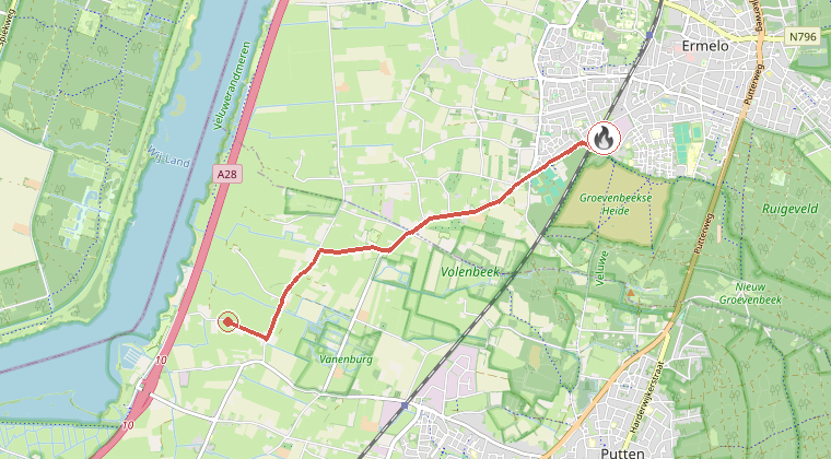 Kaart van de omgeving van de melding, met de kazerne die is gealarmeerd