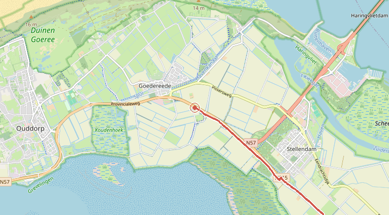 Kaart van de omgeving van de melding, met de kazerne die is gealarmeerd