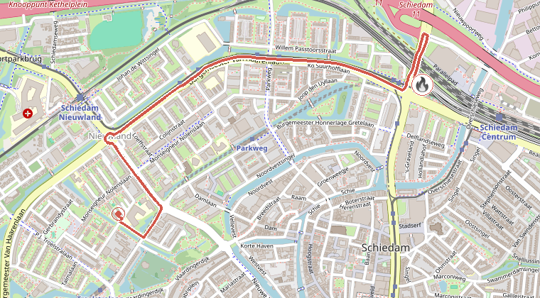 Kaart van de omgeving van de melding, met de kazerne die is gealarmeerd