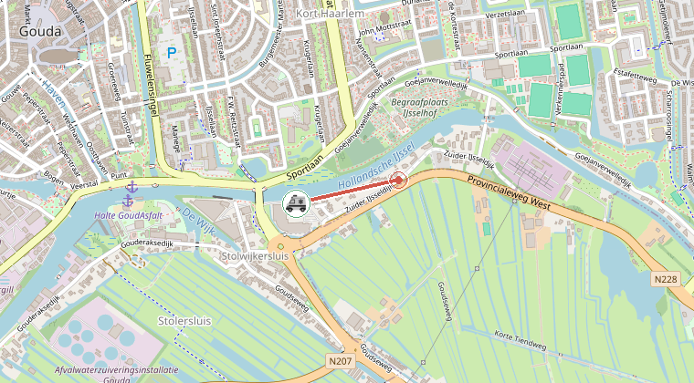 Kaart van de omgeving van de melding, met de kazerne die is gealarmeerd