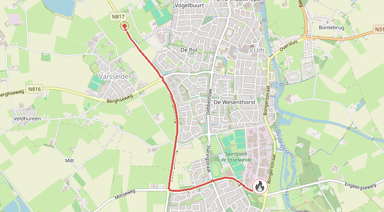 Kaart van de omgeving van de melding, met de kazerne die is gealarmeerd