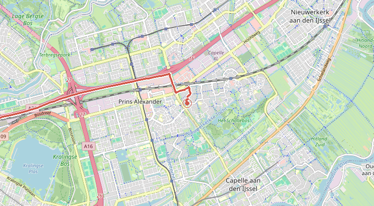 Kaart van de omgeving van de melding, met de kazerne die is gealarmeerd