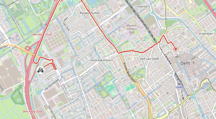 Kaart van de omgeving van de melding, met de kazerne die is gealarmeerd