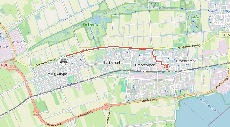 Kaart van de omgeving van de melding, met de kazerne die is gealarmeerd