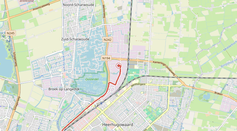 Kaart van de omgeving van de melding, met de kazerne die is gealarmeerd