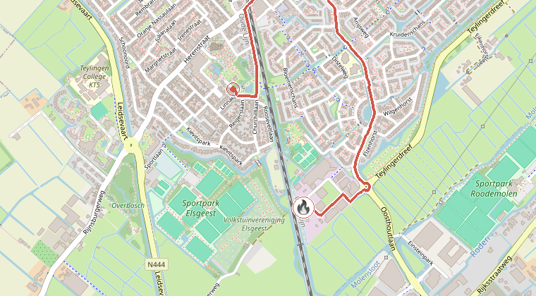 Kaart van de omgeving van de melding, met de kazerne die is gealarmeerd
