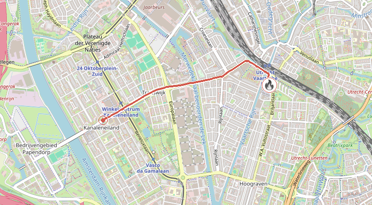 Kaart van de omgeving van de melding, met de kazerne die is gealarmeerd