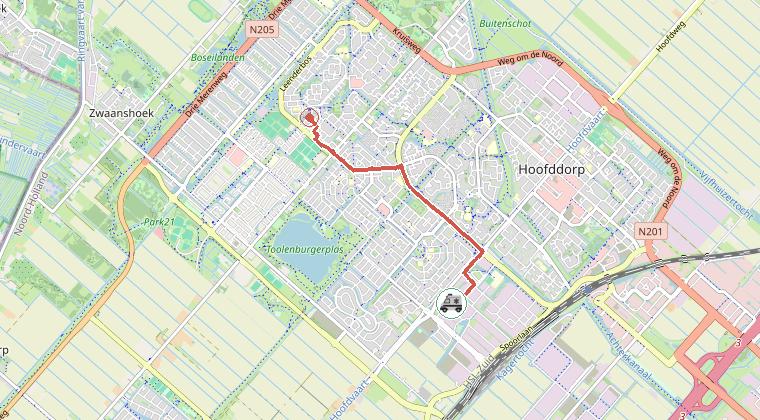 Kaart van de omgeving van de melding, met de kazerne die is gealarmeerd