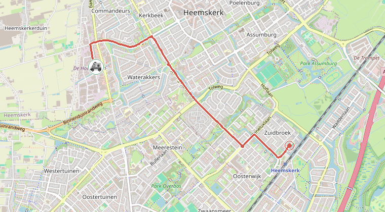 Kaart van de omgeving van de melding, met de kazerne die is gealarmeerd