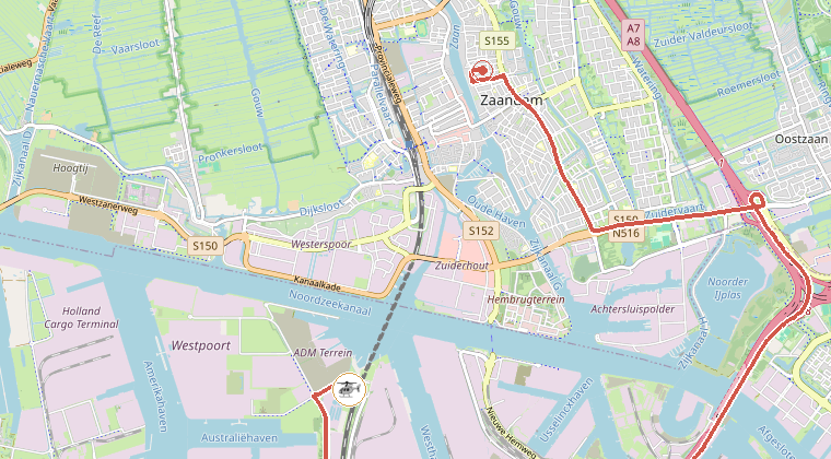 Kaart van de omgeving van de melding, met de kazerne die is gealarmeerd