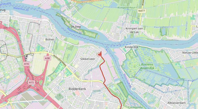 Kaart van de omgeving van de melding, met de kazerne die is gealarmeerd