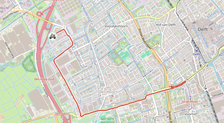 Kaart van de omgeving van de melding, met de kazerne die is gealarmeerd