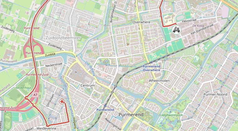 Kaart van de omgeving van de melding, met de kazerne die is gealarmeerd