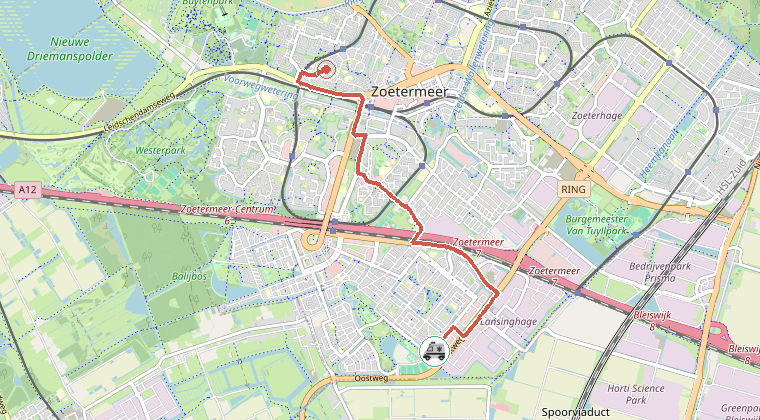 Kaart van de omgeving van de melding, met de kazerne die is gealarmeerd