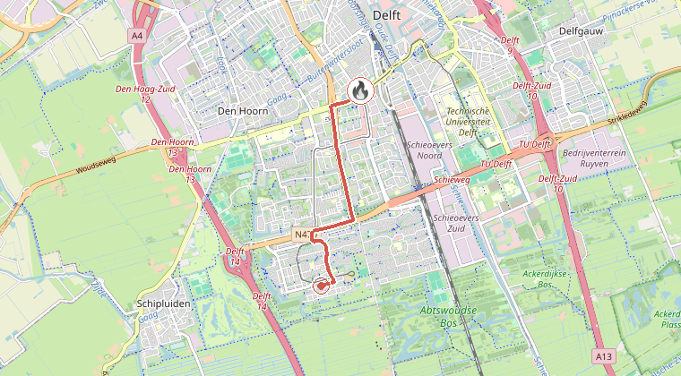 Kaart van de omgeving van de melding, met de kazerne die is gealarmeerd