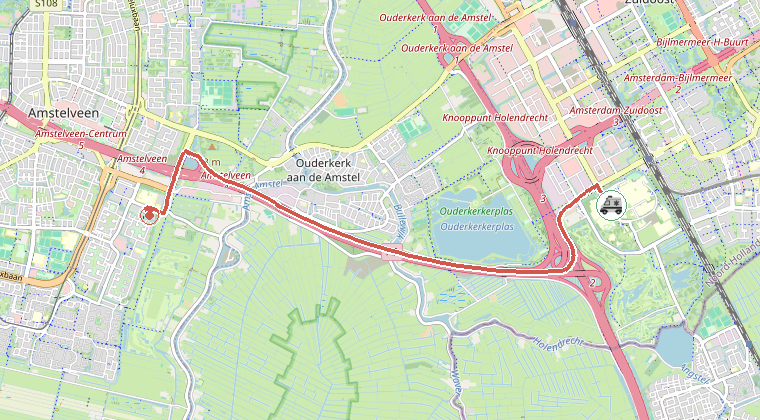 Kaart van de omgeving van de melding, met de kazerne die is gealarmeerd