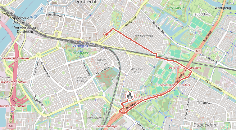 Kaart van de omgeving van de melding, met de kazerne die is gealarmeerd